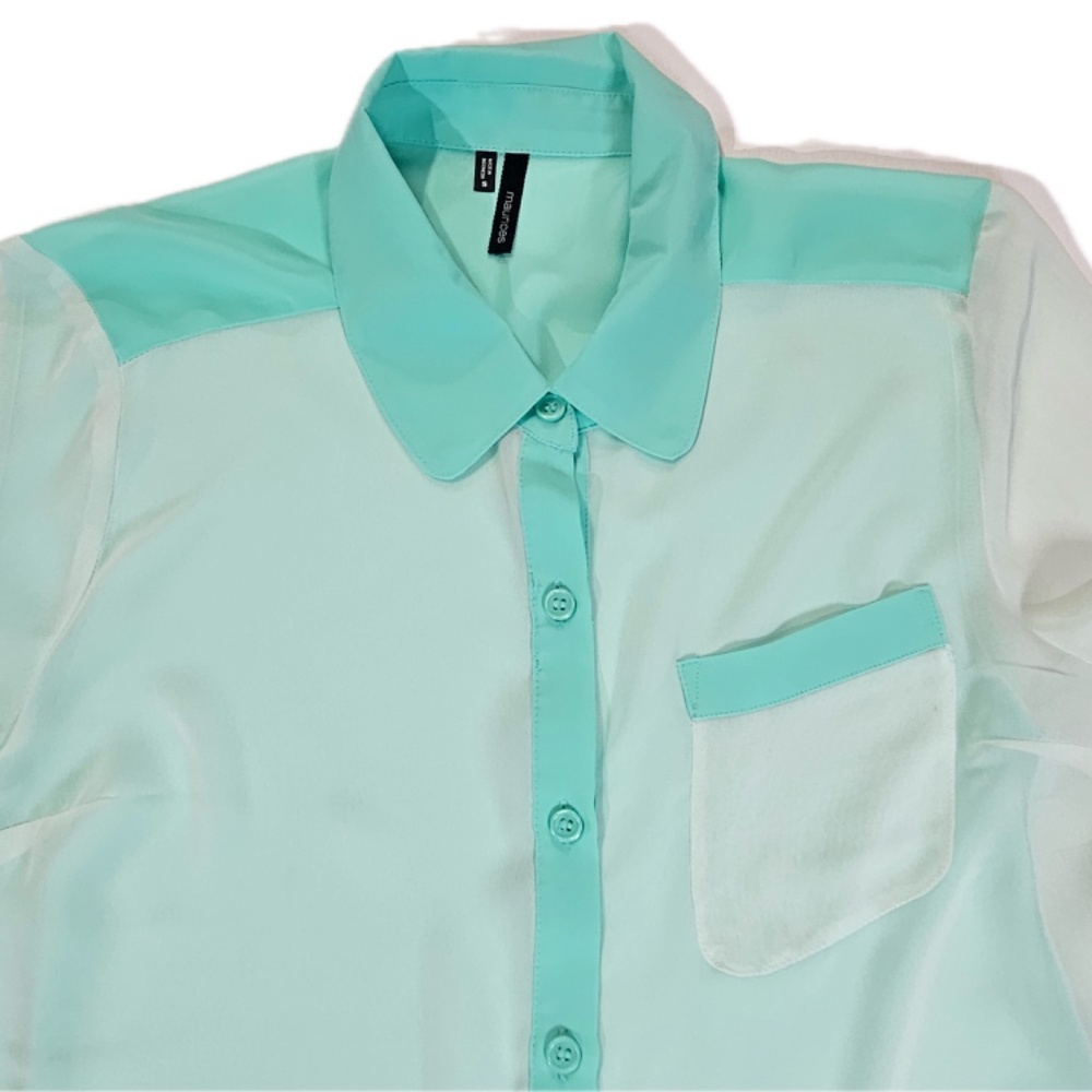 Maurices Shirt Womens Small Mint Green White Sheer Button Front Long Sleeve - Picture 3 of 7